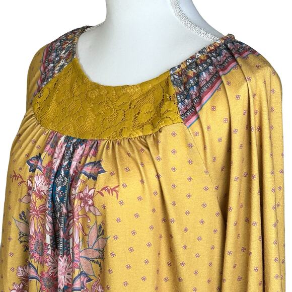 World Unity Blouse Size Small Yellow Pink Blue Peasant Floral Laced Bohemian Top - Picture 4 of 12